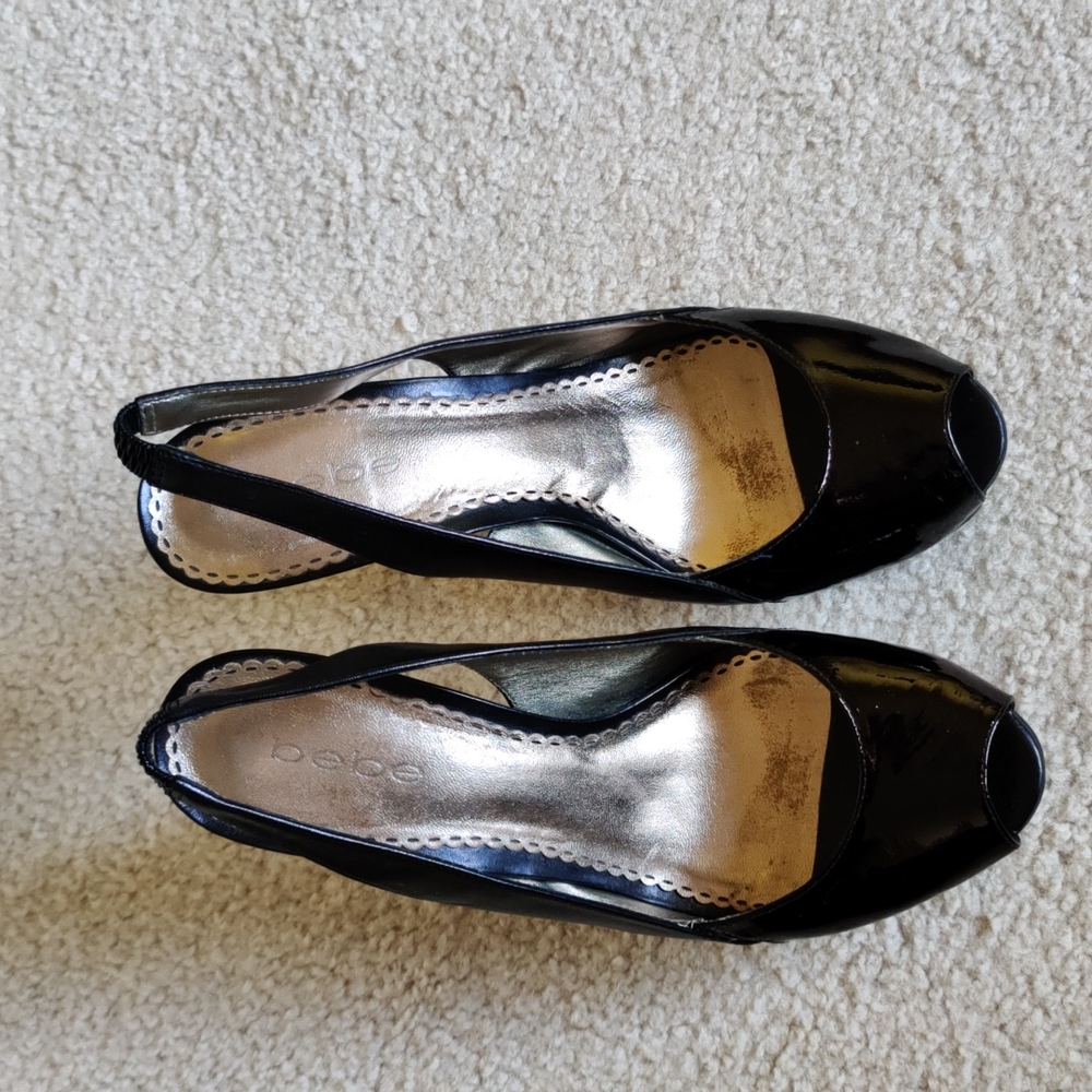 bebe Black Patent Peep-Toe Slingback Platform Heels - Picture 3 of 7